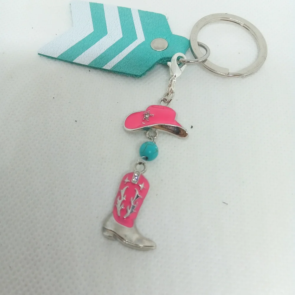 Chevron Pattern Keychain with Pink Boot and Hat Charms NEW Handmade